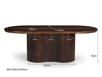 Eettafel Sevilla bruin mangohout 250 cm, maatvoering met afmetingen
