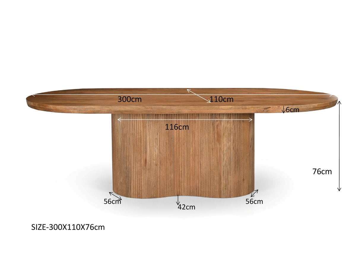 Eettafel Sevilla bruin mangohout 300 cm, maatvoering met afmetingen