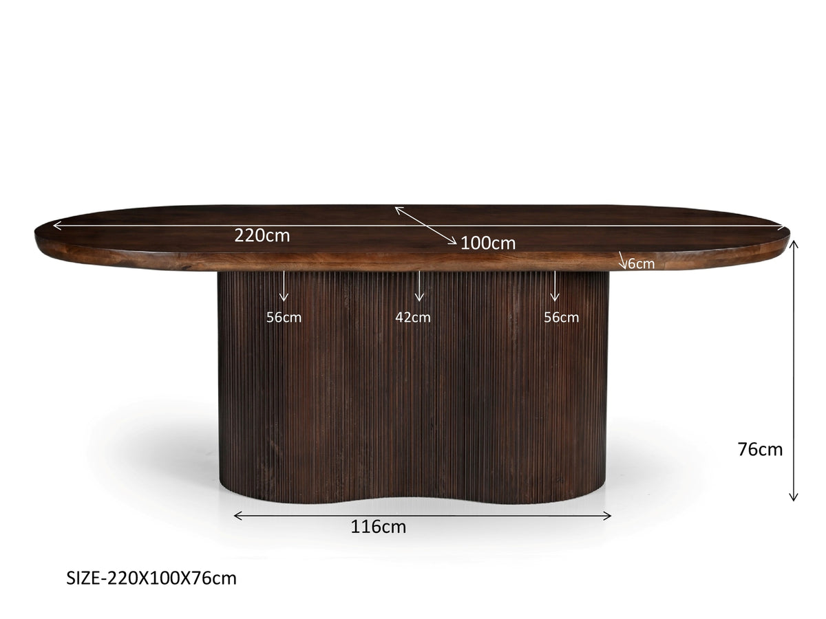Eettafel Sevilla bruin mangohout 220 cm, maatvoering met afmetingen