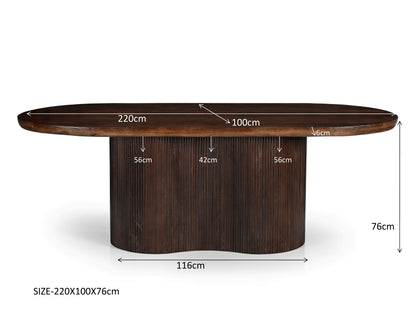 Eettafel Sevilla bruin mangohout 220 cm, maatvoering met afmetingen