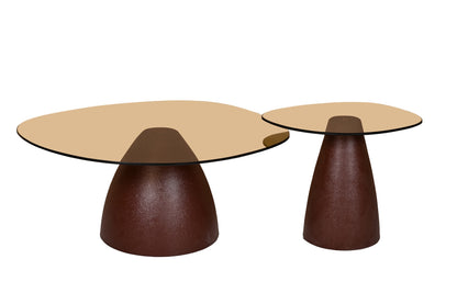 Salontafel Mylon bruin glas burgundy onderstel, detail van het materiaal