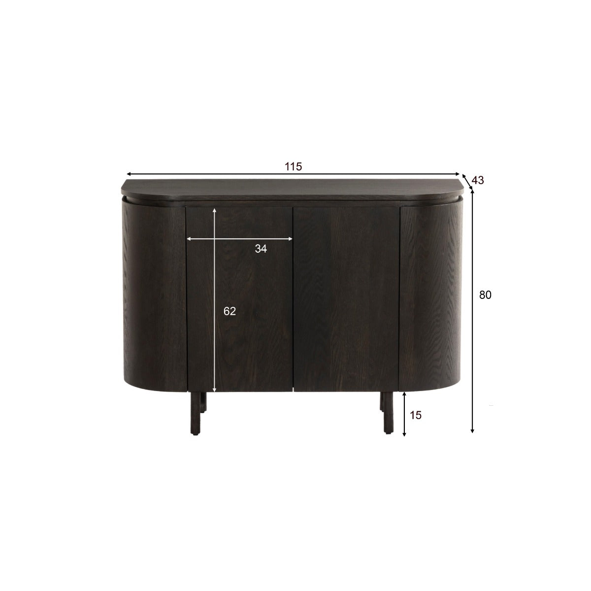 Dressoir Tobago bruin eiken fineer, maatvoering met afmetingen