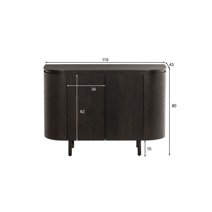 Dressoir Tobago bruin eiken fineer, maatvoering met afmetingen