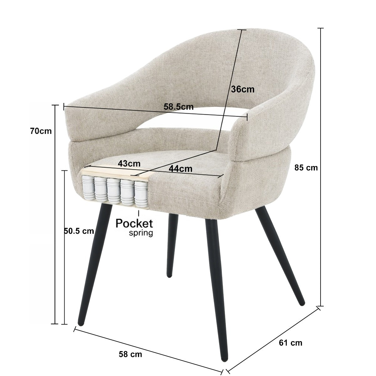 Eetkamerstoel Megan beige stof, maatvoering met afmetingen