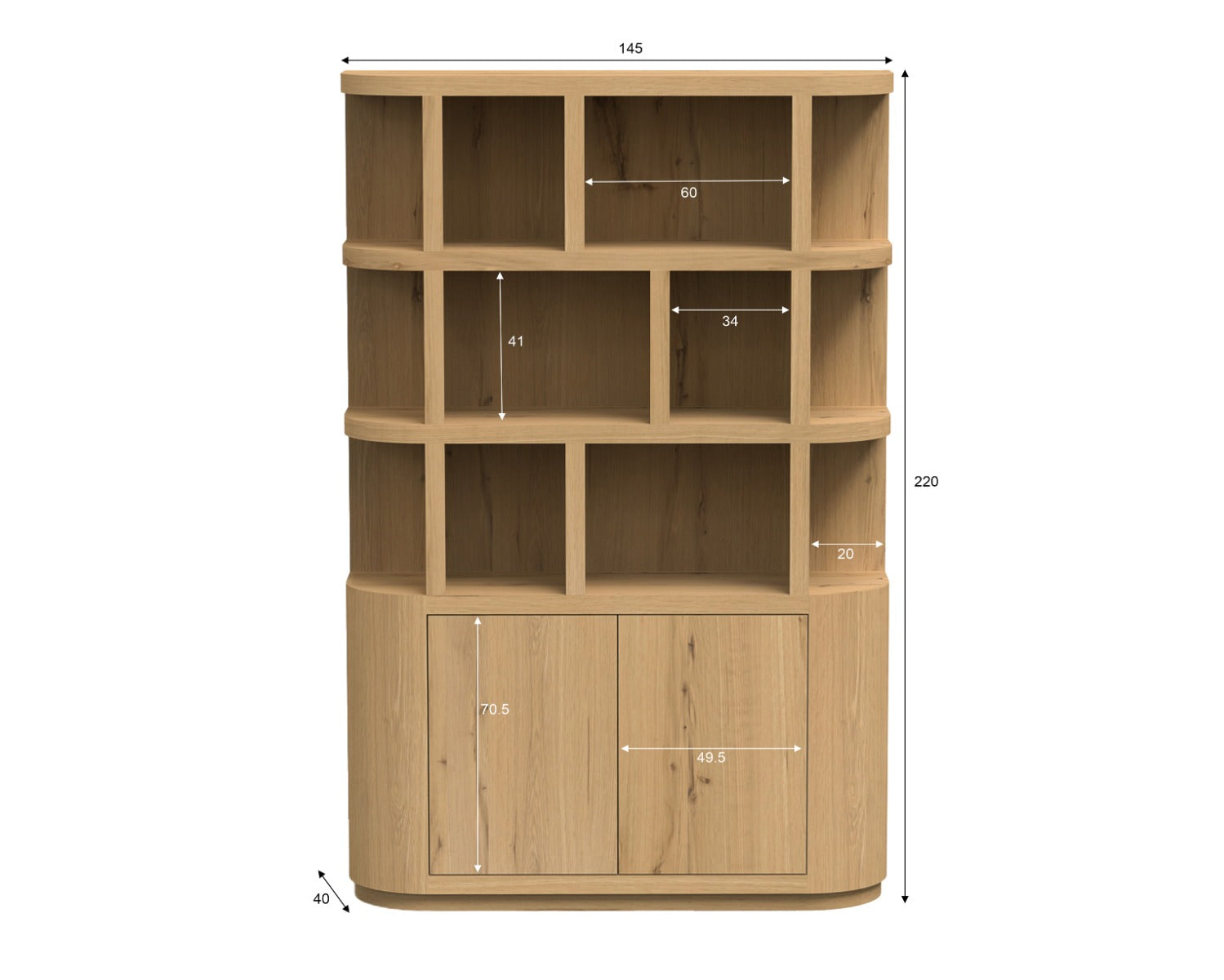 Boekenkast Novero | Naturel Eikenhout fineer — Maatvoering