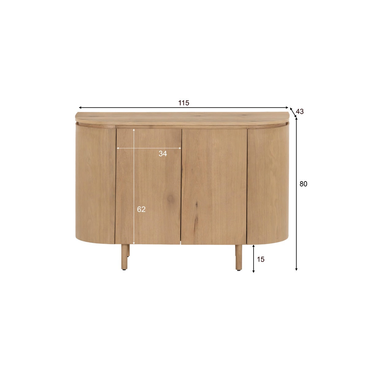 Dressoir Tobago naturel eiken fineer, maatvoering met afmetingen