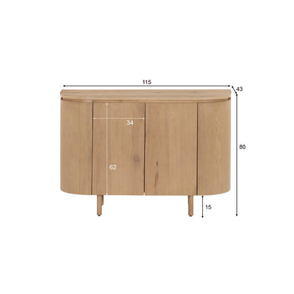 Dressoir Tobago naturel eiken fineer, maatvoering met afmetingen