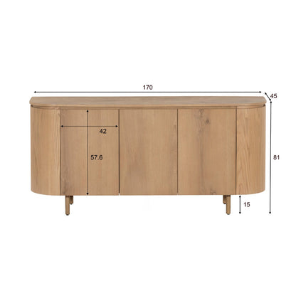 Dressoir Tobago naturel eiken fineer, maatvoering met afmetingen