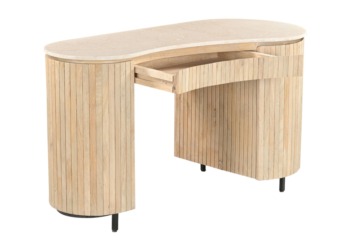Bureau Dexter beige mangohout, vooraanzicht op witte achtergrond