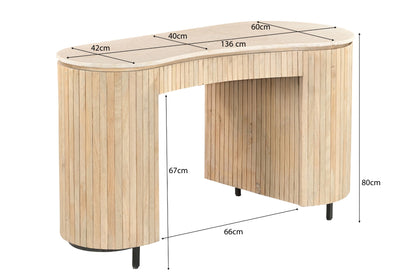 Bureau Dexter beige mangohout, maatvoering met afmetingen