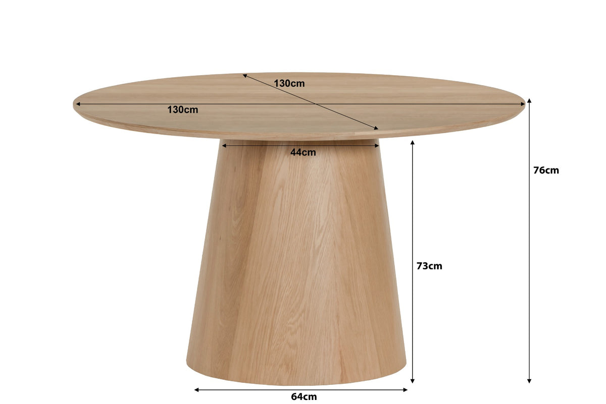 Eettafel Novero Rond 130 cm naturel eiken fineer, maatvoering met afmetingen