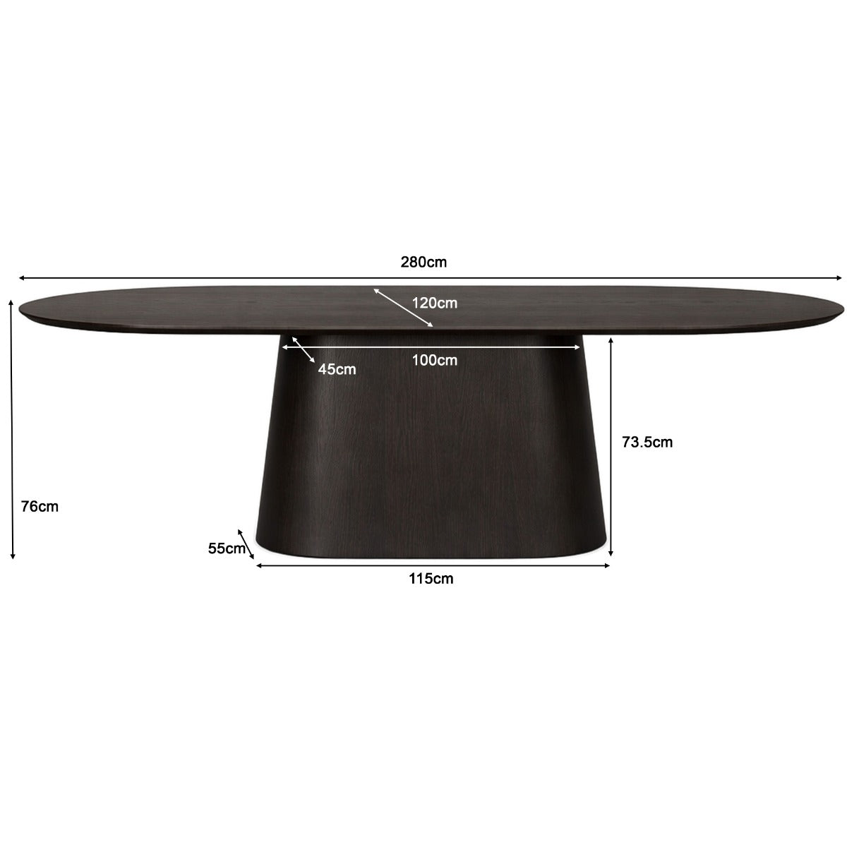 Eettafel Novero eiken fineer, maatvoering met afmetingen