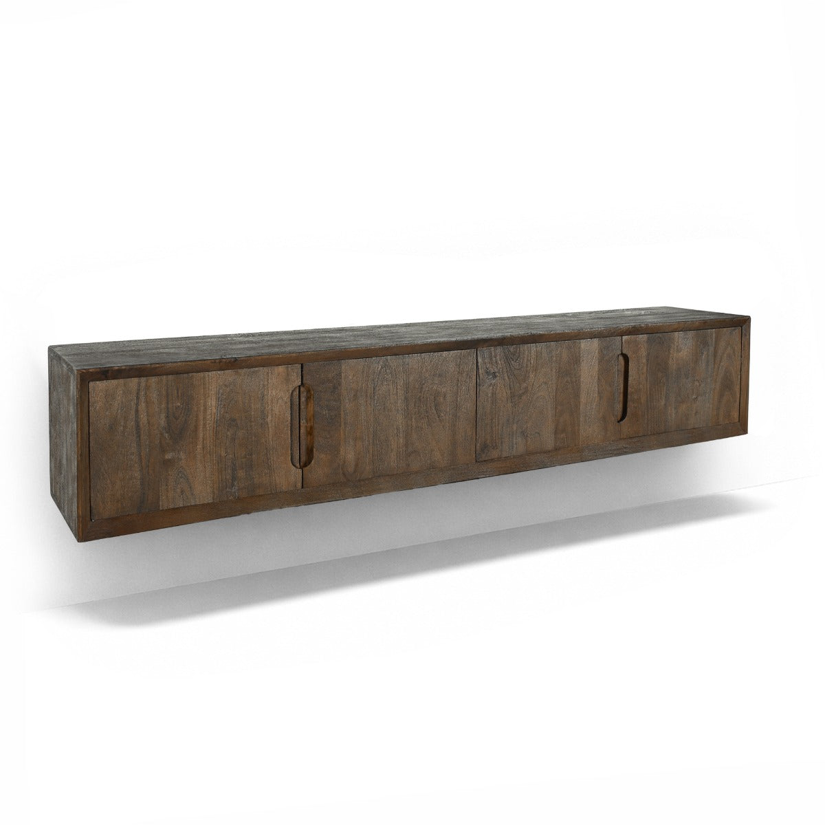 TV-Meubel Cortez zwevend bruin mangohout, schuin vooraanzicht op witte achtergrond