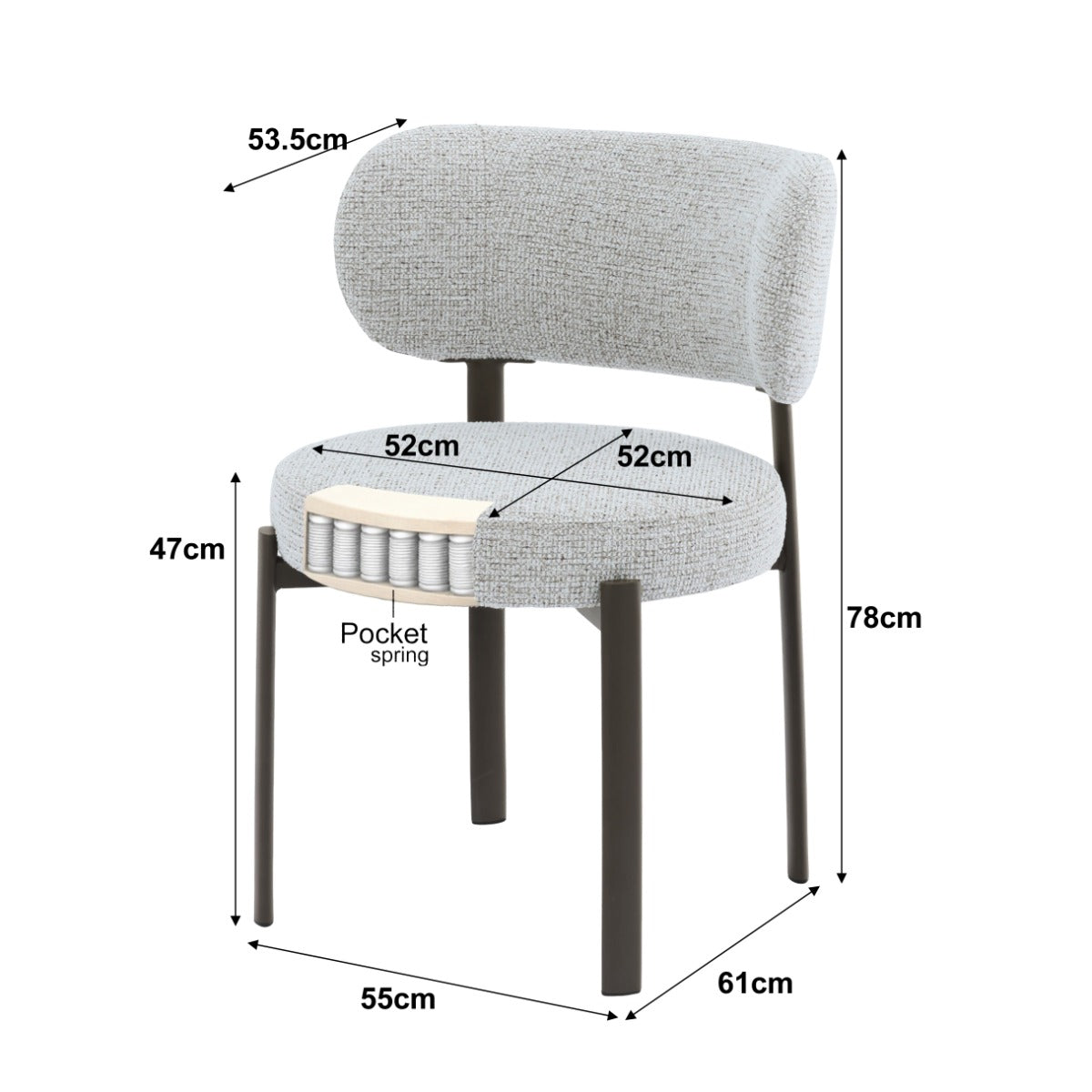 Eetkamerstoel Zoey beige stof, maatvoering met afmetingen