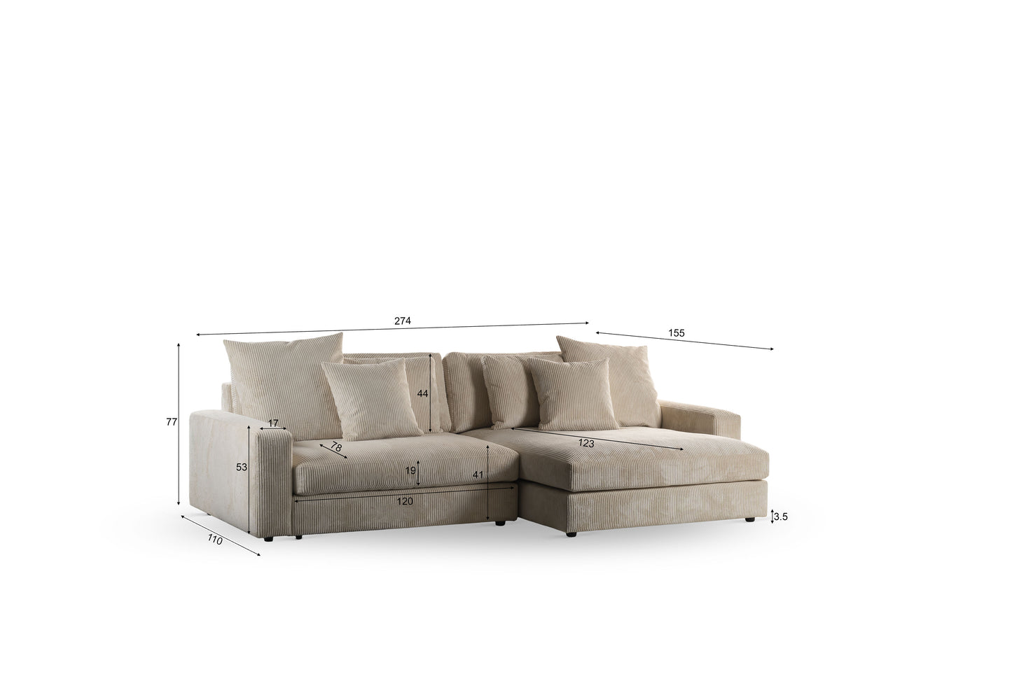 Hoekbank Lincoln | Naturel Ribcord | Longchair L+R
