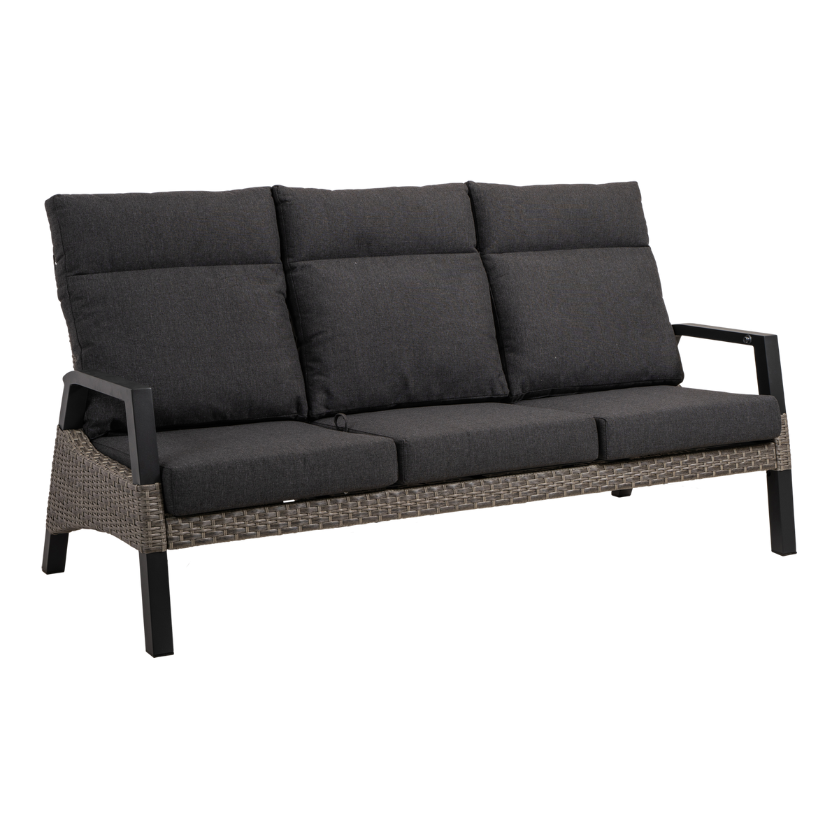Loungebank Treviso bruin wicker, schuin vooraanzicht op witte achtergrond