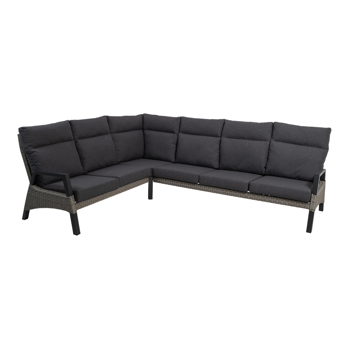 Lounge hoekset Treviso grijs wicker, schuin vooraanzicht op witte achtergrond