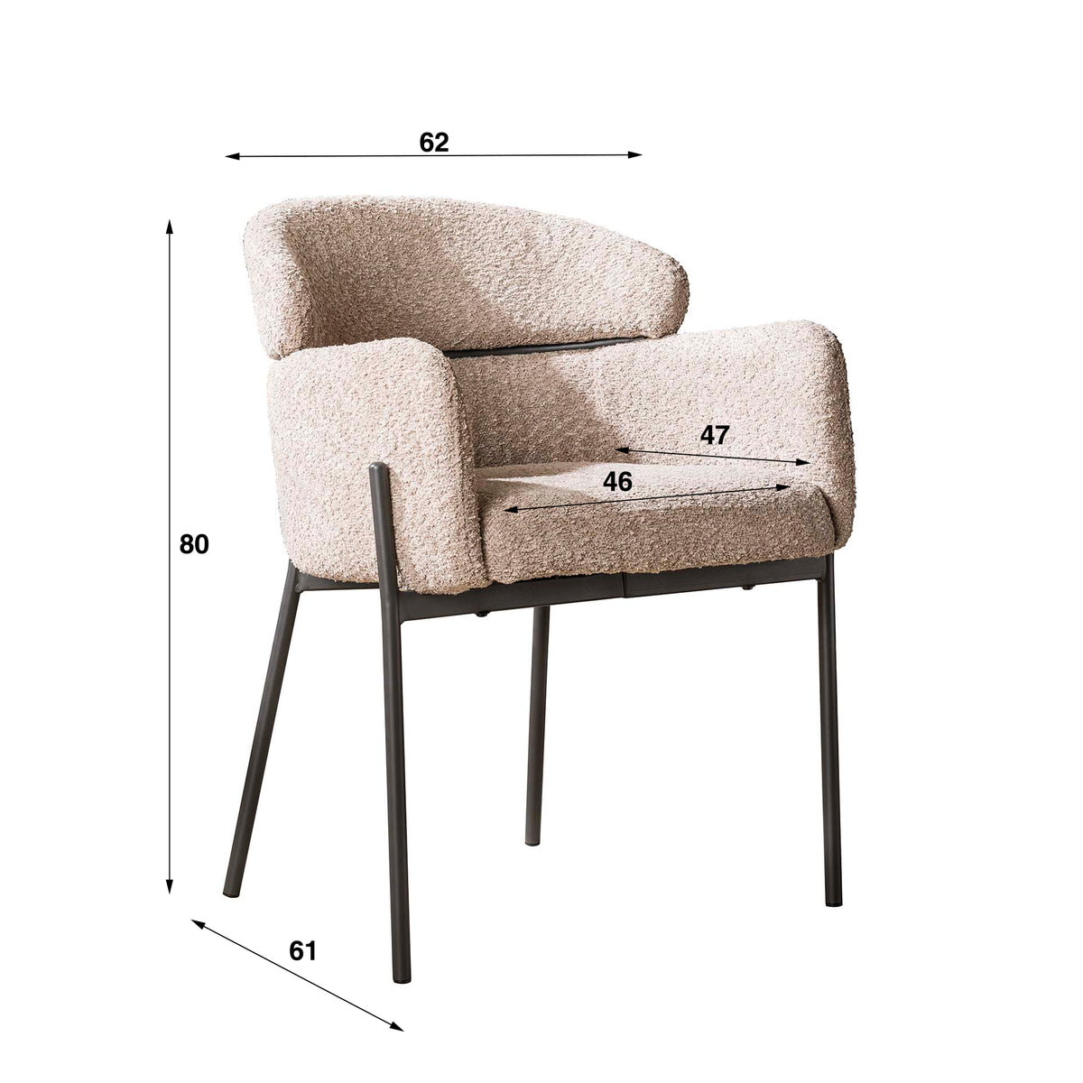 Eetkamerstoel Gira beige bouclé, maatvoering met afmetingen