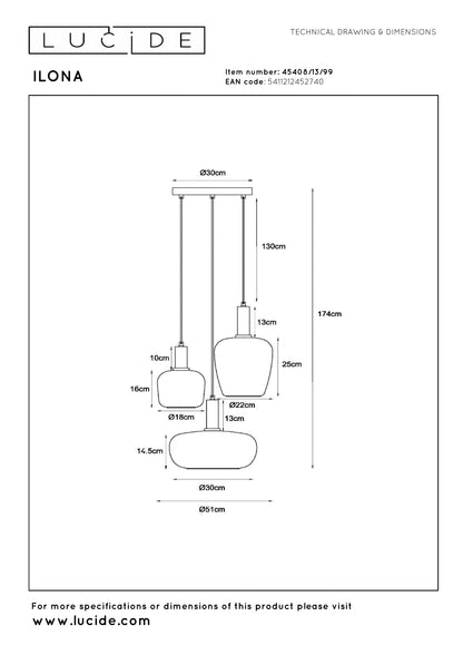 Hanglamp Ilona zwart glas, maatvoering met afmetingen