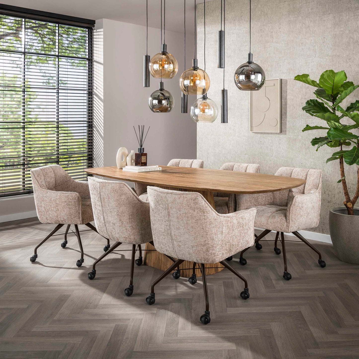 Eetkamerstoel Raster | Zand/Bruin Stof | Brons Onderstel