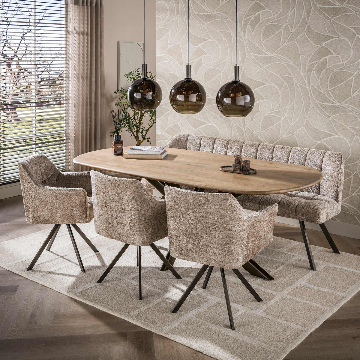 Eetkamerbank Raster | Allura Zand-Bruin | Onderstel Brons