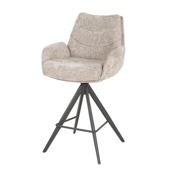 Barkruk Bjorn polyester beige met armleuning, schuin vooraanzicht op witte achtergrond