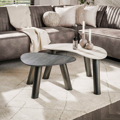 Salontafel Lumis | keramiek travertin zwart/grijs niervormig | Set Van 2