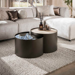 Salontafelset Half Moon | Keramiek Travertin | Bruin Rookglas