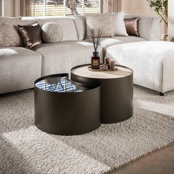 Salontafelset Half Moon | Keramiek Travertin | Bruin Rookglas