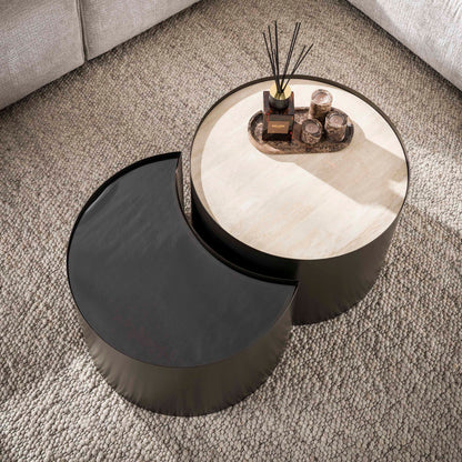 Salontafelset Half Moon | Keramiek Travertin | Bruin Rookglas