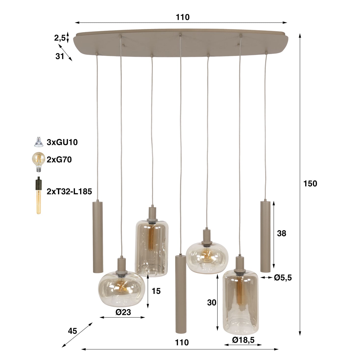 Hanglamp Serene | 4 Lichtbollen + 3 Kegels | Beige