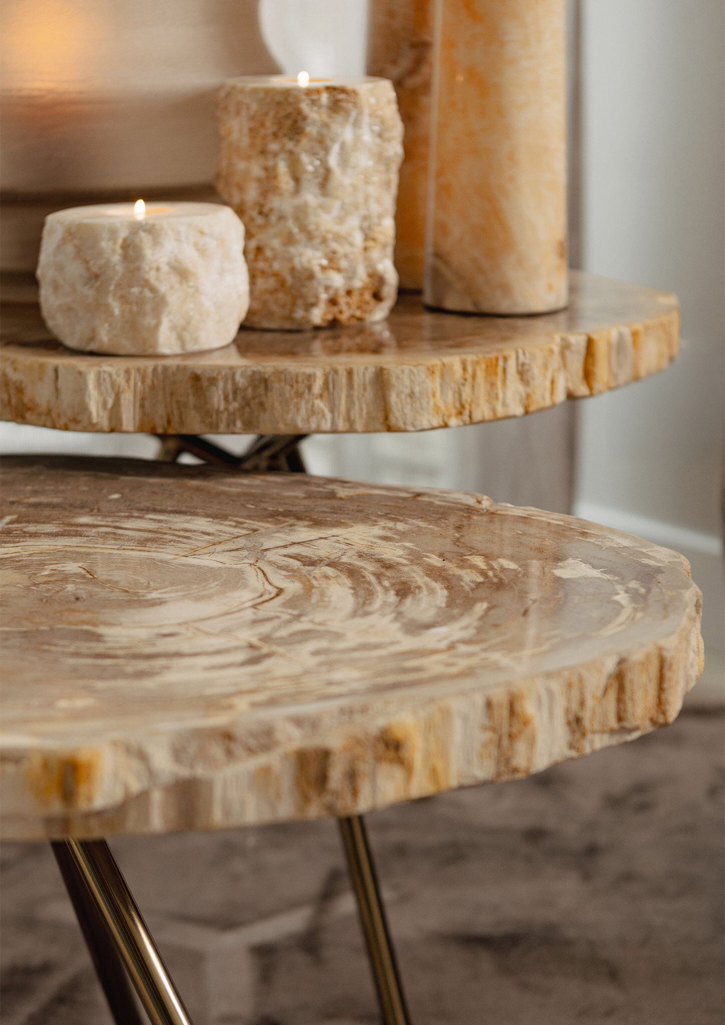 Salontafel New Khine | Set van 3 | Naturel Versteend Hout — Detail