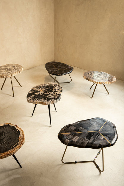 Salontafel New Khine | Set van 3 | Naturel Versteend Hout — Vooraanzicht - sfeer