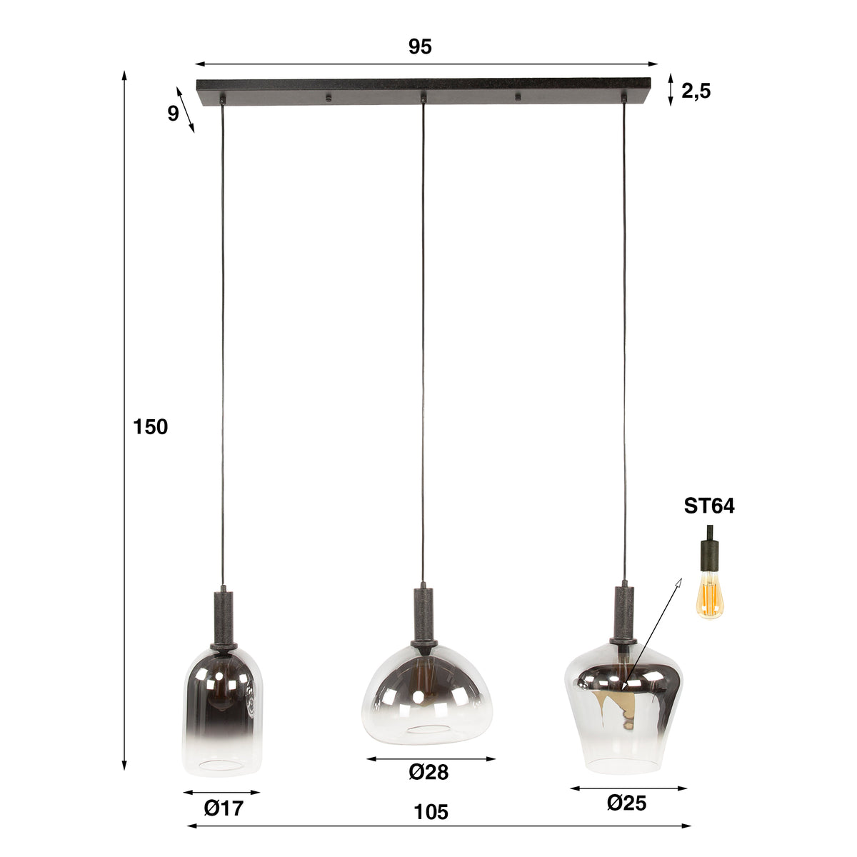 Hanglamp Celeste glas grijs, maatvoering met afmetingen