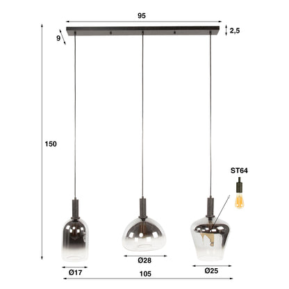 Hanglamp Celeste glas grijs, maatvoering met afmetingen