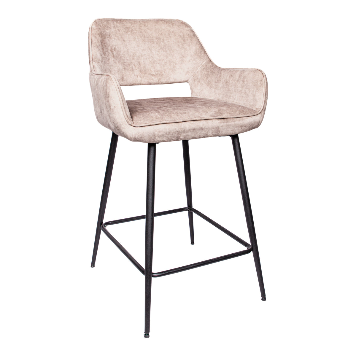 Barstoel Fallow kookeiland of bartafel beige velvet magazijn leegverkoop, schuin vooraanzicht op witte achtergrond