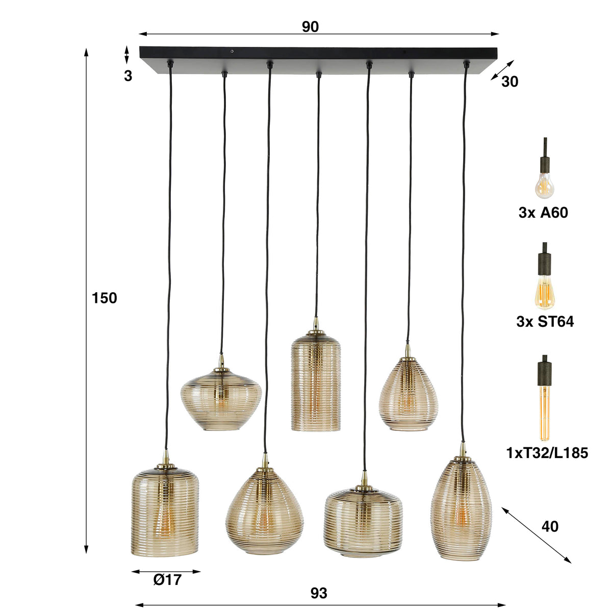 Hanglamp 7L Stripe Glass | Amberkleurig Glas