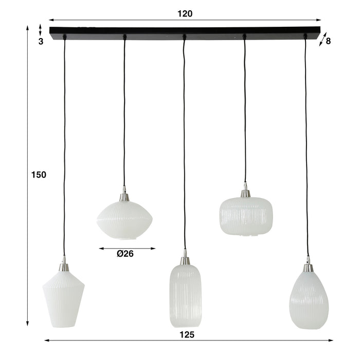 Hanglamp 5L Stripe White Glass | Wit