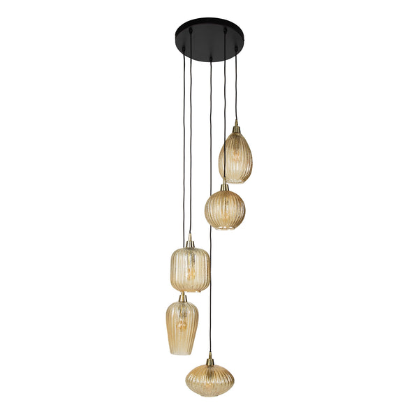 Hanglamp V-Shape 5 lampen amberkleurig glas, vooraanzicht op witte achtergrond