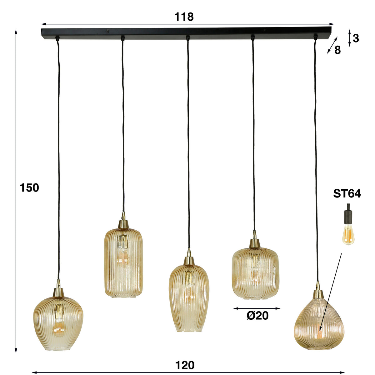 Hanglamp Bandon | Amberkleurig Glas