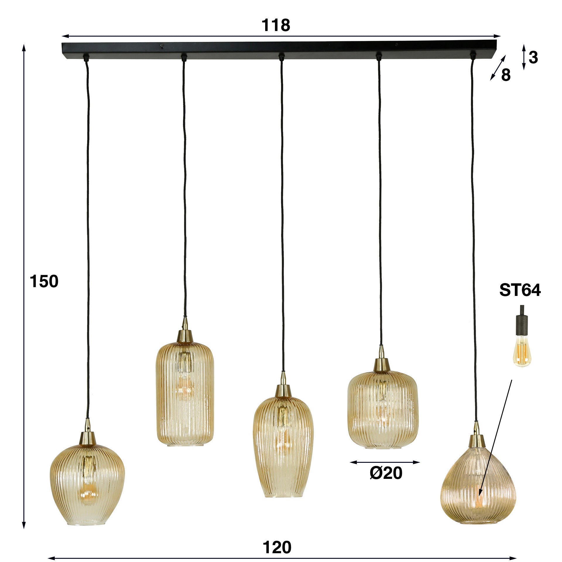 Hanglamp Bandon | Amberkleurig Glas