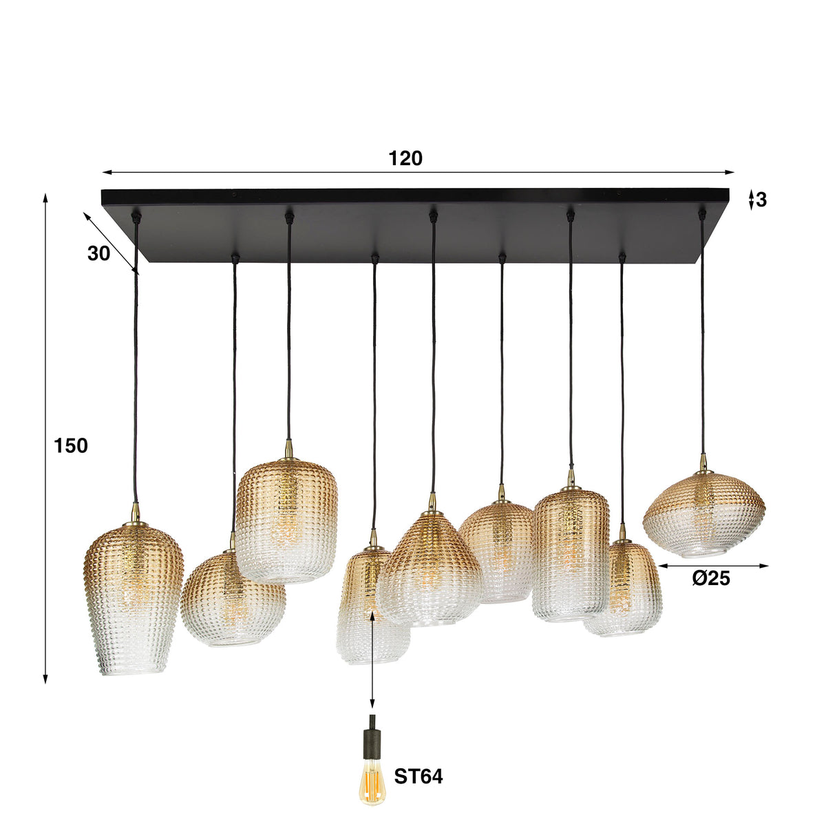 Hanglamp Dot | 9 Lampen | Amberkleurig Glas | Magazijn leegverkoop