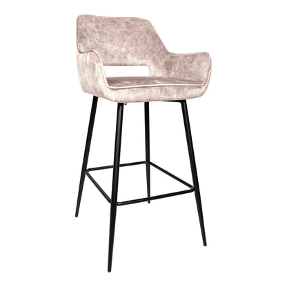 Barkruk Fallon horecahoogte beige velvet, schuin vooraanzicht op witte achtergrond