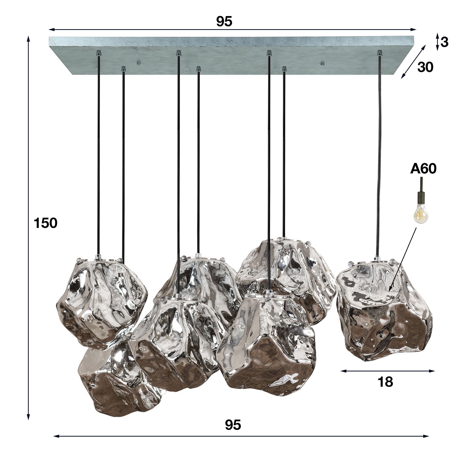 Hanglamp 4+3 Rock | Chromed Glas
