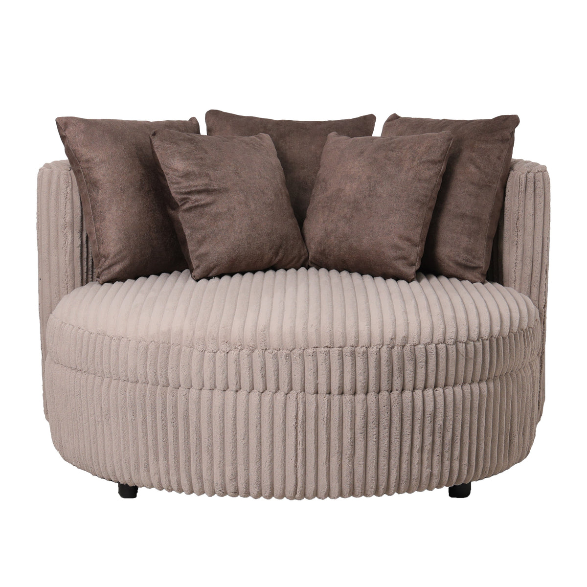 Fauteuil Fayen taupe ribstof, vooraanzicht op witte achtergrond