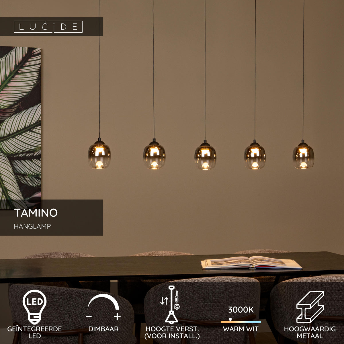 Hanglamp Tamino zwart metaal, vooraanzicht in een interieur