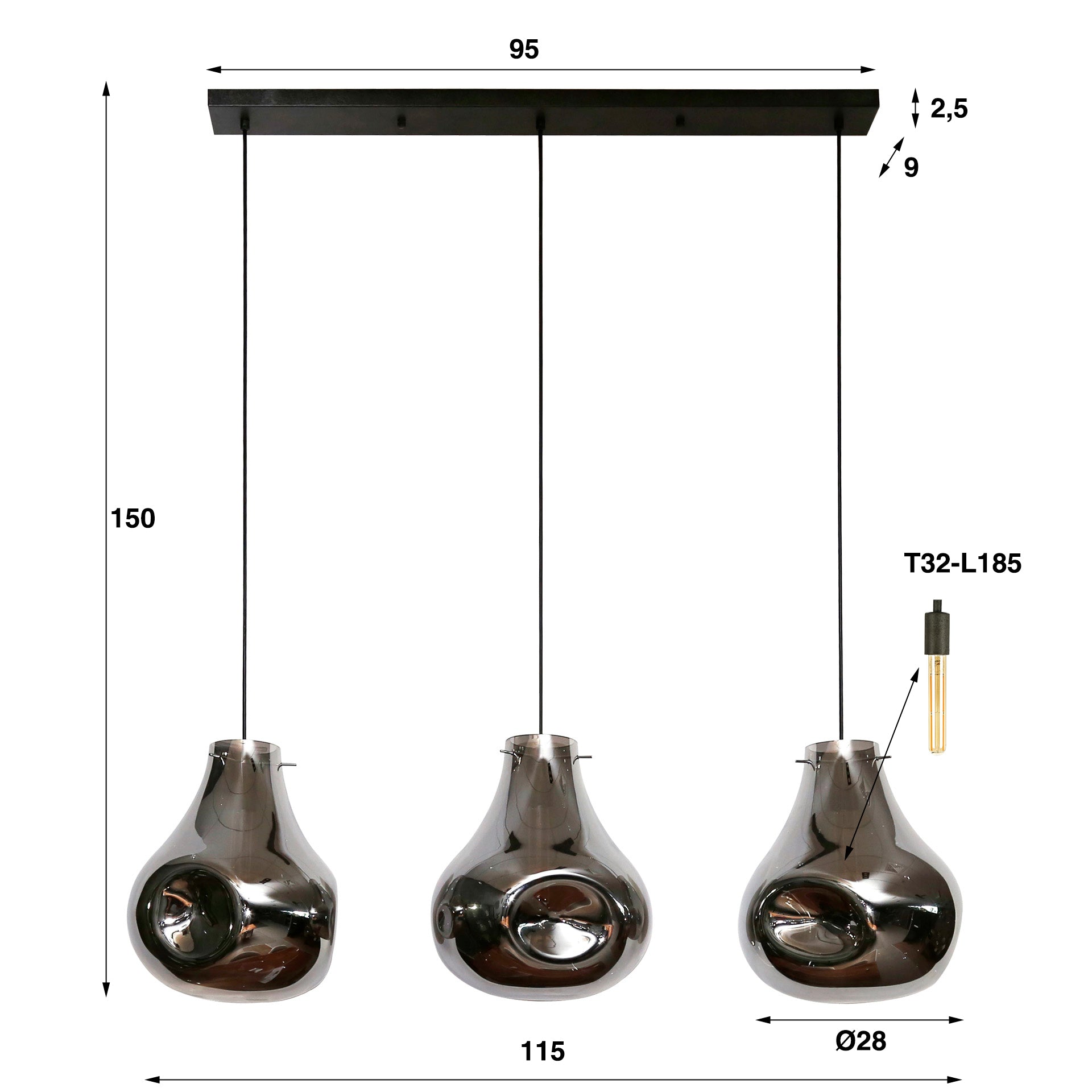 Hanglamp Hanna | Zwart Glas | Magazijn leegverkoop