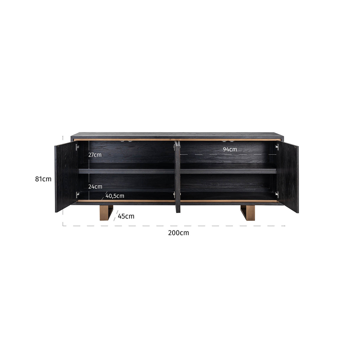Dressoir Hunter zwart eiken fineer, maatvoering met afmetingen
