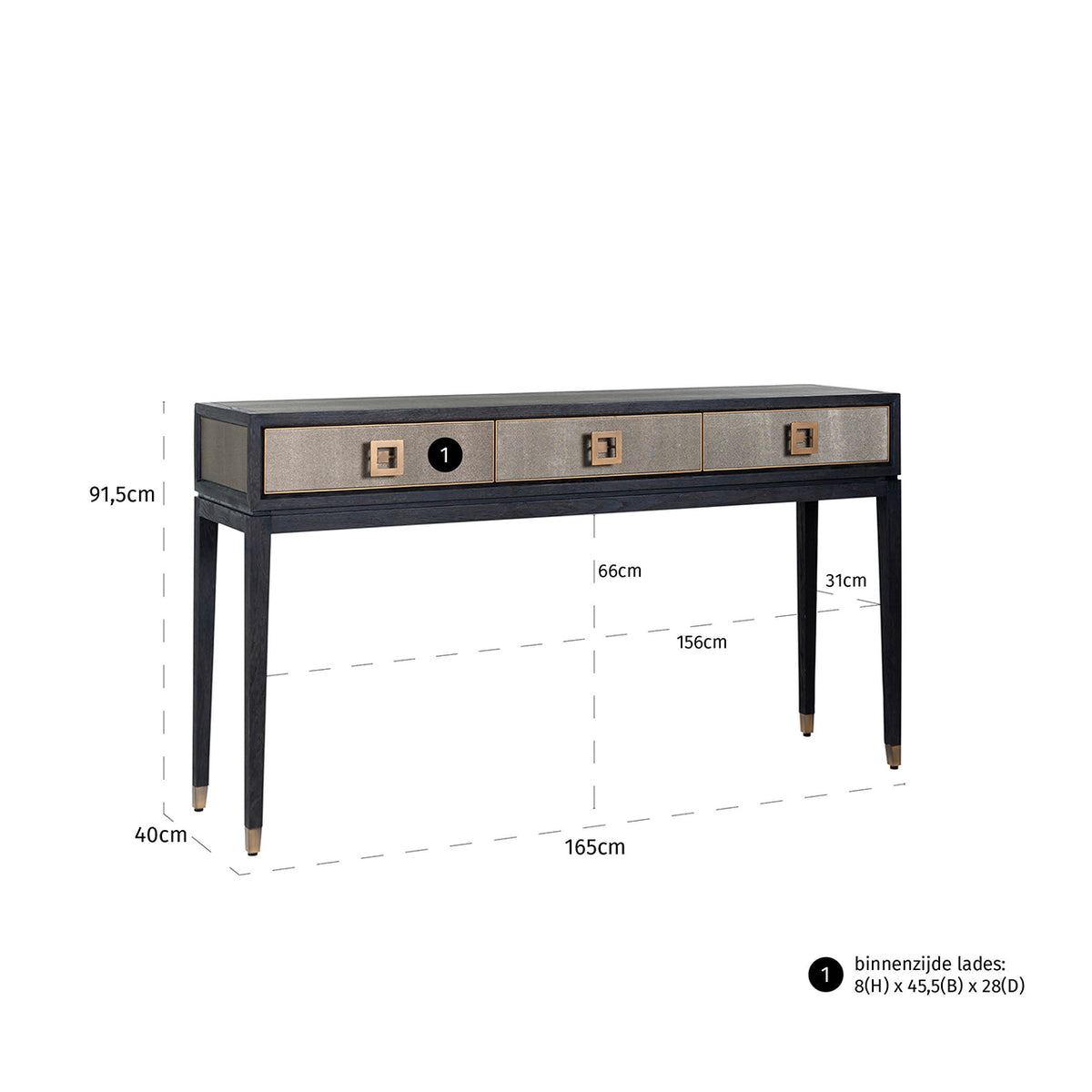 Wandtafel Bloomville zwart eikenhout, maatvoering met afmetingen