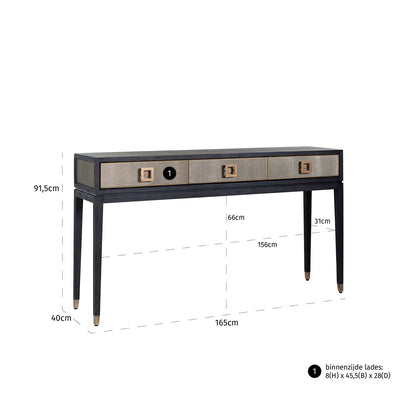 Wandtafel Bloomville zwart eikenhout, maatvoering met afmetingen